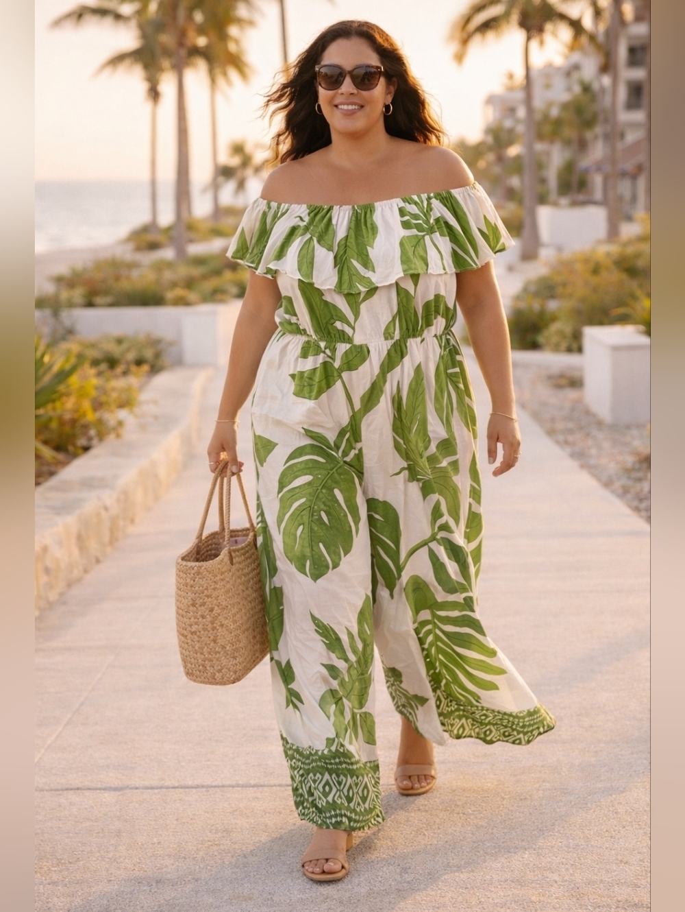 City Chic Tropical Leaf Print Jumpsuit NWT Off Shoulder Wide Leg Resort XL 22